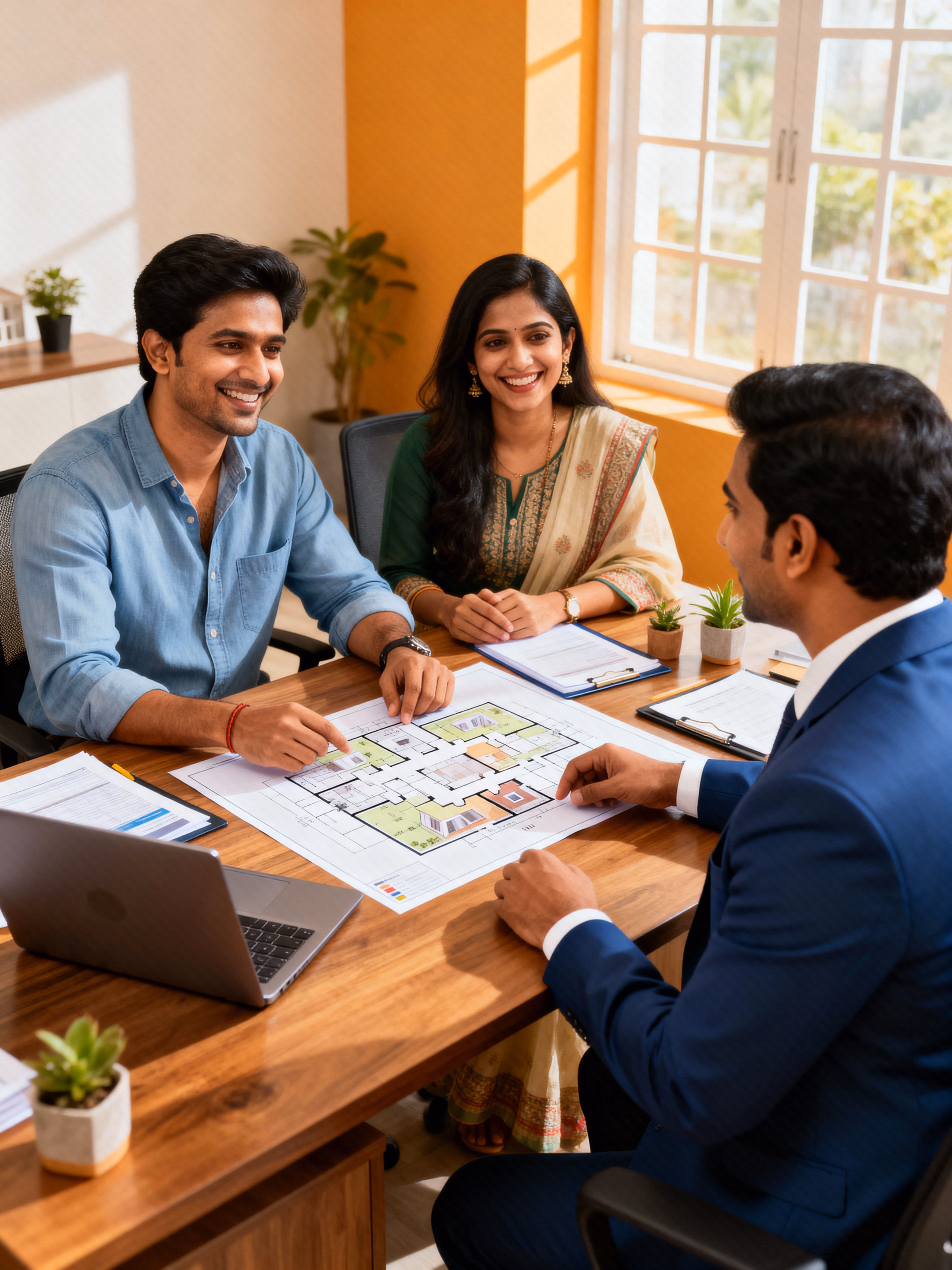 Young couple consulting with real estate advisor in modern office