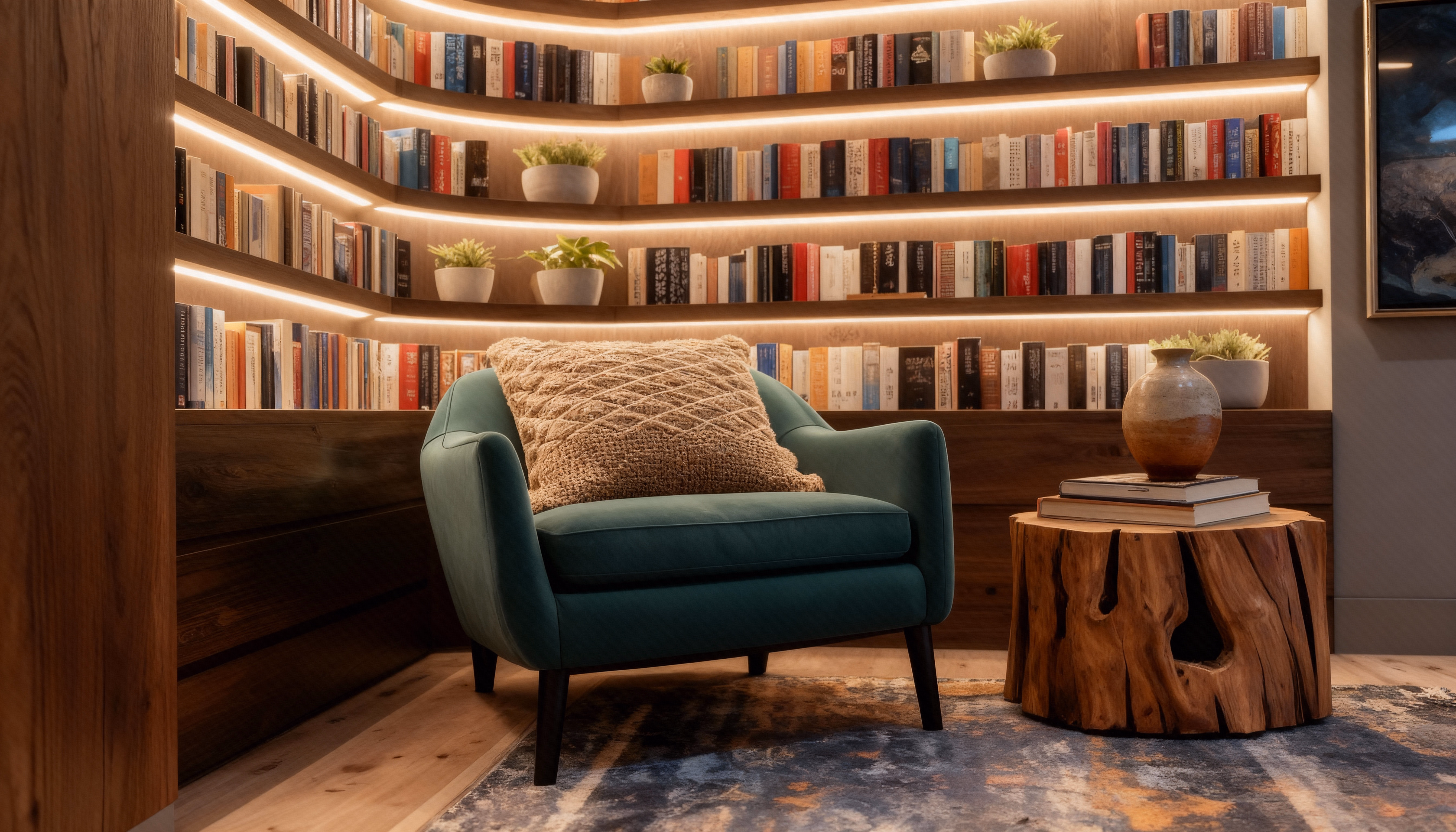 Modern office desk with angular design and leather chair